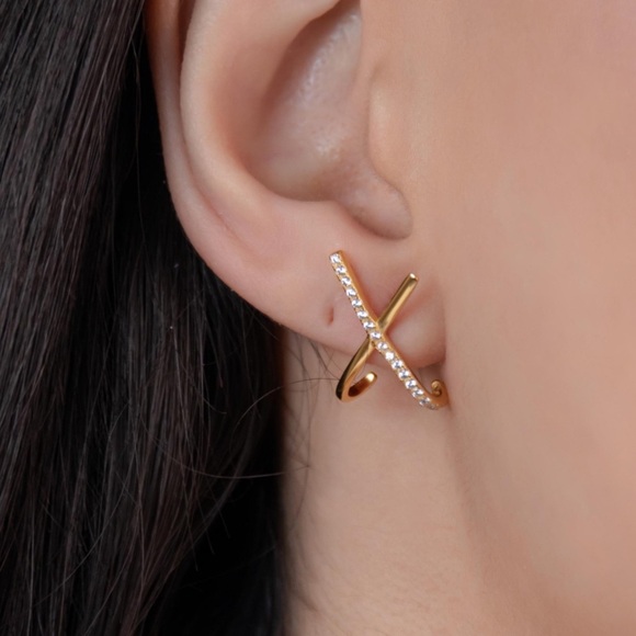 Charter Club 925 Sterling Silver X Crossover Crystal Hoop Earrings - Picture 3 of 5